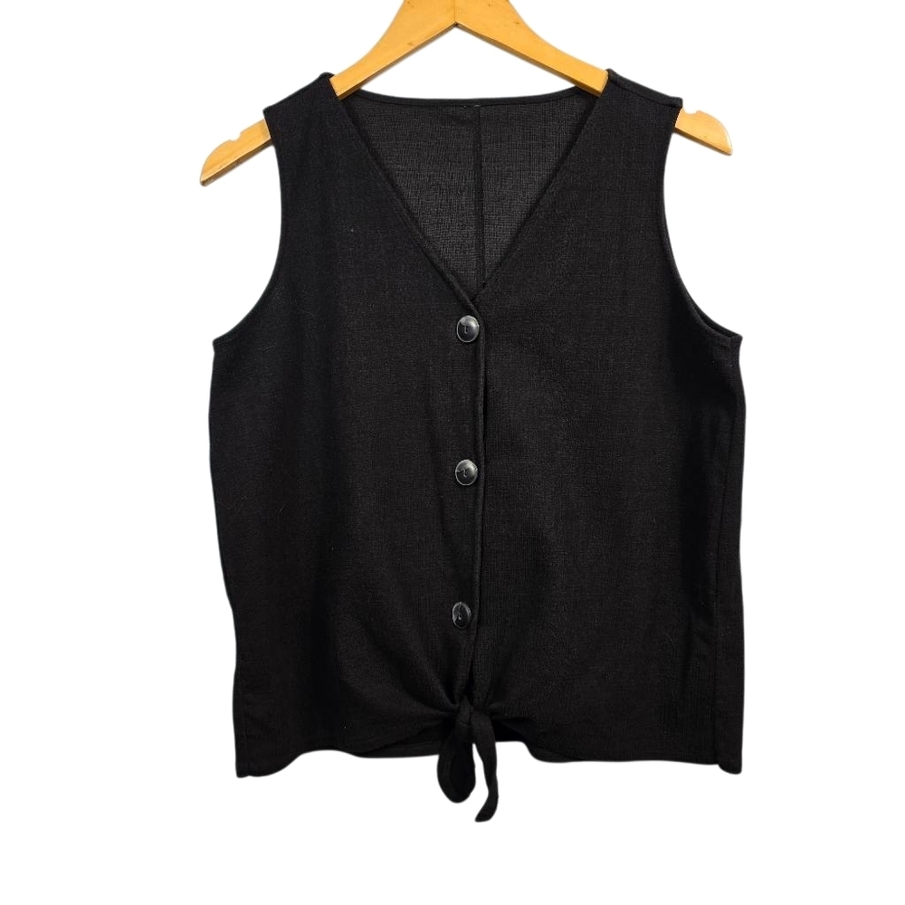 Old Navy Black Sleeveless Button-Front Tie-Hem Top Size Large - Picture 2 of 7